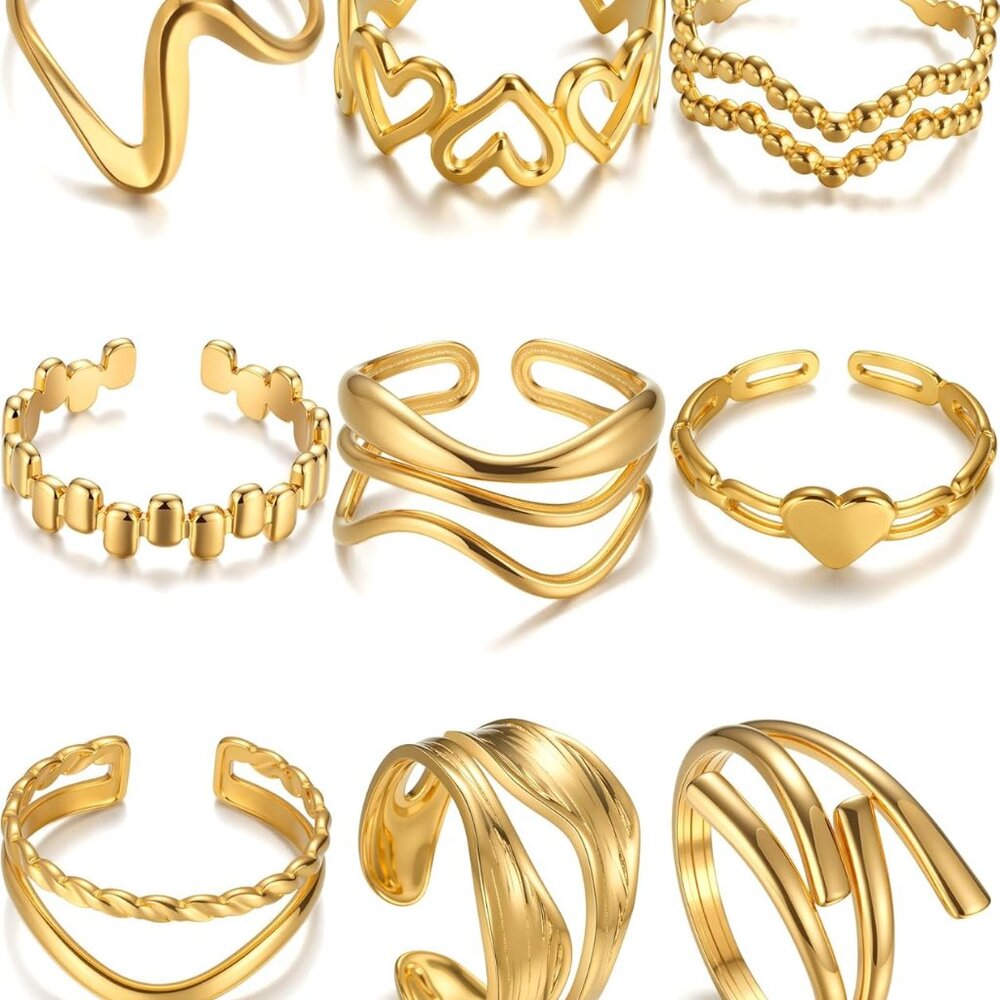 Stylish 9pcs Gold Stackable Rings - Waterproof, N… - image 1